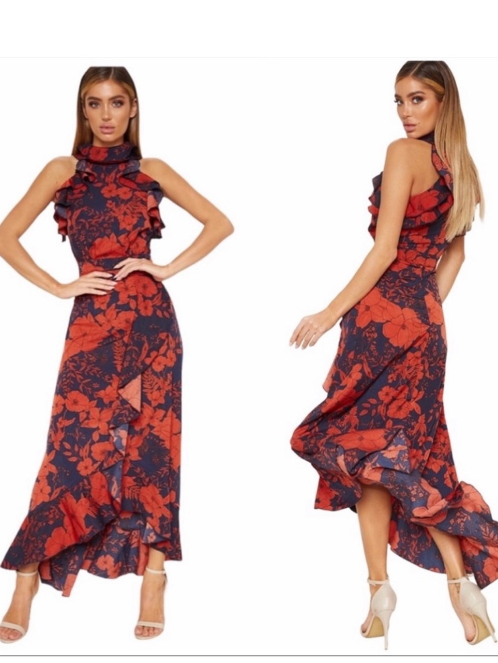 PrettyLittleThing Navy and Red Floral Ruffle Midi Dress
Vacation
Wedding Guest